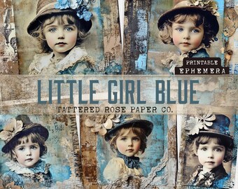 Diario azul de niña, imprimible, fotografías, efímeras victorianas, collage