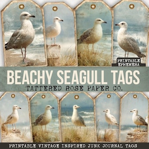 Beachy Seagull Ephemera Tags, Printable Vintage Beach Ephemera, Junk Journal Coastal, Ocean Junk Journal Tags, Beach Printable Journal