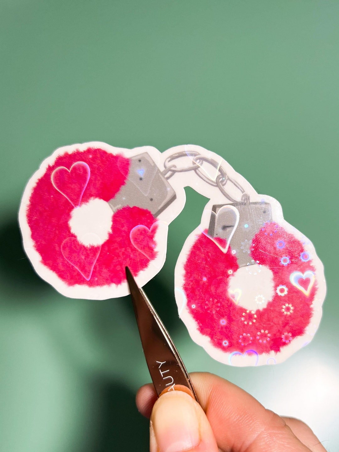 Hancuff Sticker Fuzzy Pink Handcuffs Holographic Sticker, Waterproof Sticker, Funny ...