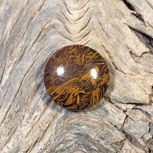 May include: A round, brown and gold cabochon with a swirling, abstract pattern. The cabochon is polished and has a glossy finish.