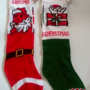 Vintage Pair Wool Hand Knitted Merry Christmas Santa Stocking Pom Pom SET