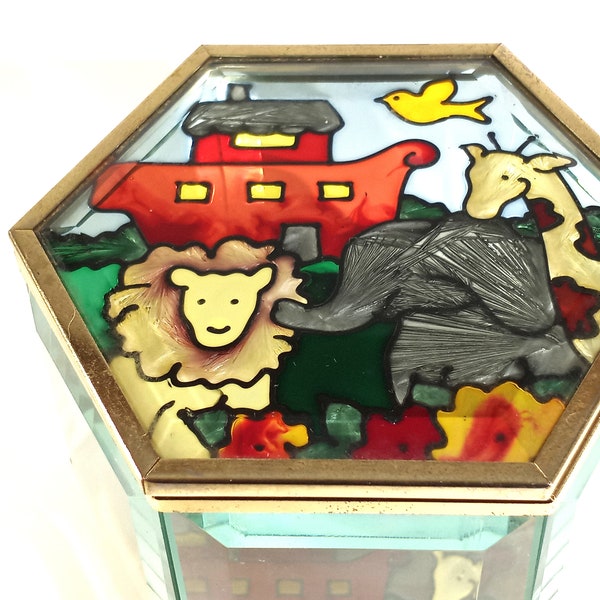 Joan Baker Designs Noah's Ark Stained Glass Jewelry Trinket Box Mirror Hexagonal