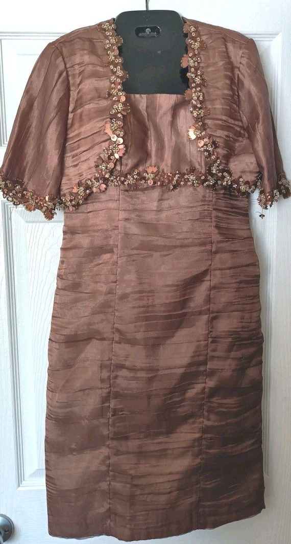 Victor Costa 2-Piece Sheath Dress Jacket Sz 4 Brown Shimmer Beaded Semi Formal Victor Costa 2-Piece Sheath Dress Jacket Sz 4 Brown Shimmer Beaded Semi Formal