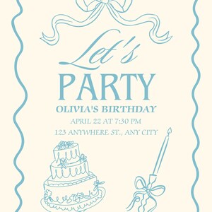 Póster ilustrativo vintage de invitación a fiesta de cumpleaños en color azul cielo