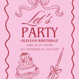 Póster ilustrativo vintage de invitación a fiesta de cumpleaños en rosa y rojo