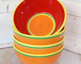 Dansk Caribe Aruba Orange 6 Soup Cereal Bowls Red Green Yellow Set of 4 Vintage