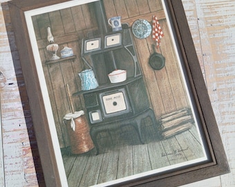 Lámina vintage de 1982 de Wilma B Vincent, modelo Dixie Maid Stove, firmada por ambos autores, estilo casa de campo.