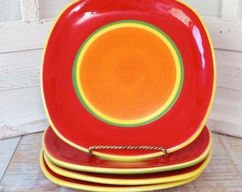 Dansk Caribe Aruba ORANGE Red Yellow Green 8.75" Square Salad Plates Y2K Vintage