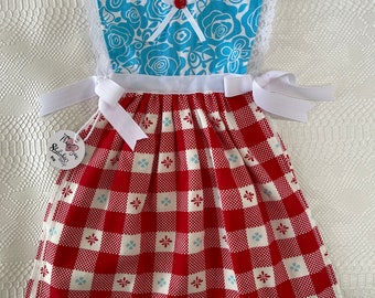 Oven door kitchen towel dress. Pioneer Woman themed. Decorated with ribbons, lace & button. Top fully lined. Name: Fleur.