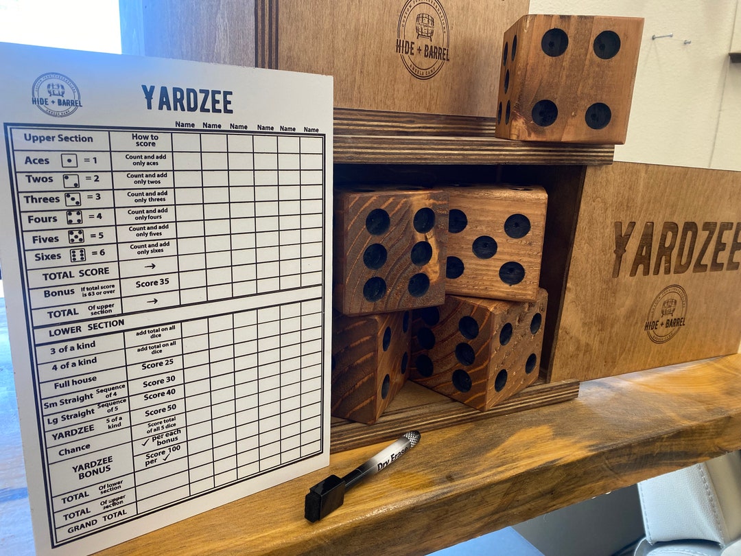 Yardzee Wood Dice Set With Dry Erase Score Board and Wood Case for