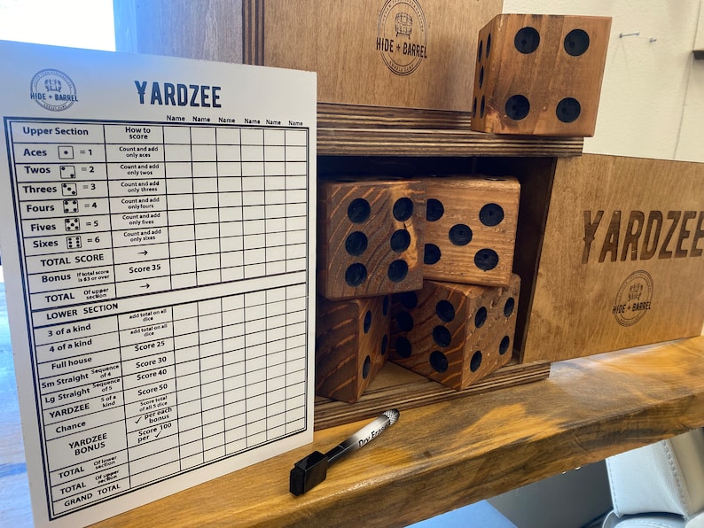 Yardzee Wood Dice Set With Dry Erase Score Board and Wood Case for