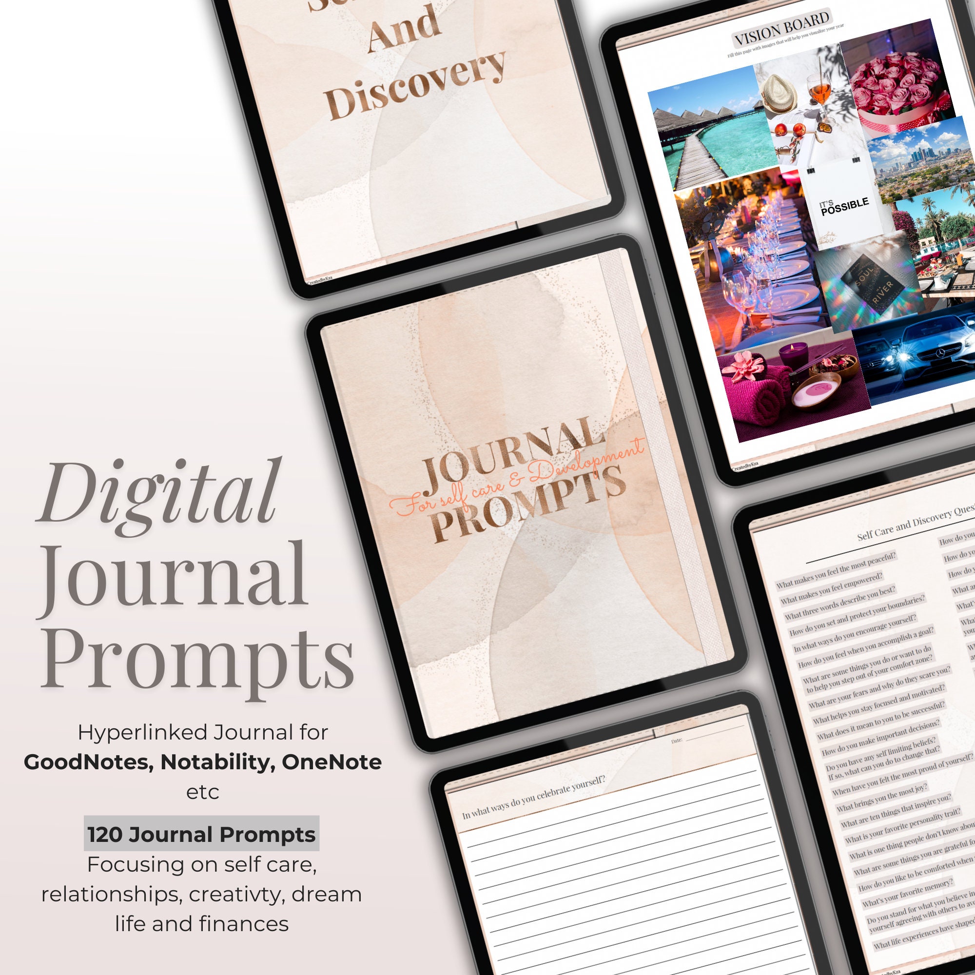 Digital Journal with 120 Journal Prompts, Daily Journal Template for GoodNotes, Self Care Journal iPad, Wellness Journal