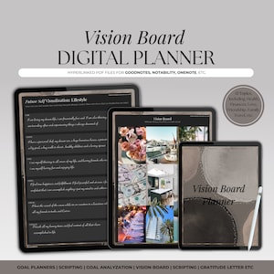 May include: A digital planner with a vision board theme. The planner is designed for use with note-taking apps like Goodnotes, Notability, and OneNote. The planner includes 12 topics, including health, finances, love, friendship, family, and travel. The planner is shown on a tablet screen with a stylus pen.