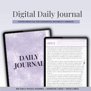 May include: A digital daily journal with a purple background and the text "APR 3" at the top. The journal has a narrow lined and wide lined format. The text "365 DAILY PAGES JOURNAL | NARROW LINED + WIDE LINED" is at the bottom of the page.