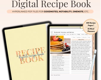 Digital Recipe Book for Goodnotes with Meal Planners, Digital Grocery list, Recipe Template, iPad Recipe Book, Food Journal