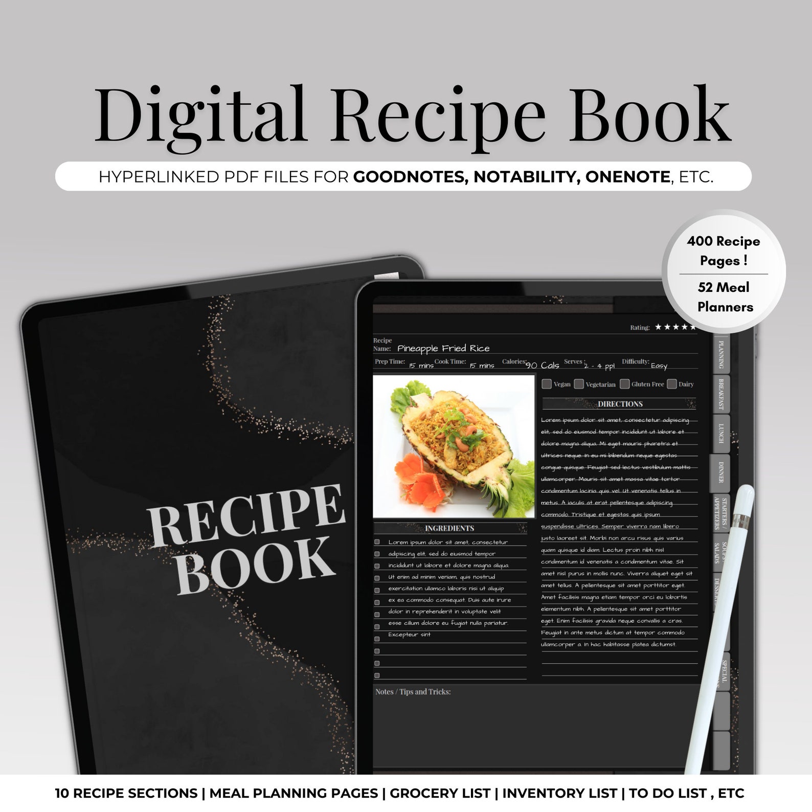 Dark Mode Digital Recipe Book for Goodnotes, Digital Cookbook for Ipad ...
