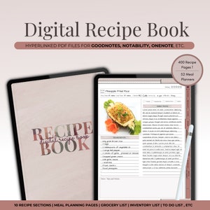Digital Cookbook for iPad and Tablet, Hyperlinked Goodnotes Digital Recipe Book, Weekly Meal Planners, iPad Recipe Journal,