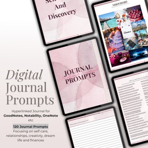 May include: A digital journal prompt template with a pink watercolor background. The text "Journal Prompts for self-care & Development" is displayed on the cover. The template is designed for use with digital note-taking apps like GoodNotes, Notability, and OneNote. The template includes 120 prompts focusing on self-care, relationships, creativity, dreams, life, and finances.