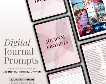 May include: A digital journal prompt template with a pink watercolor background. The text "Journal Prompts for self-care & Development" is displayed on the cover. The template is designed for use with digital note-taking apps like GoodNotes, Notability, and OneNote. The template includes 120 prompts focusing on self-care, relationships, creativity, dreams, life, and finances.