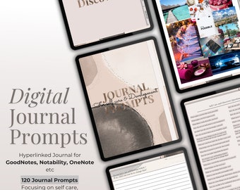 May include: Digital journal prompts for self-care and development. The image shows a tablet with a pink and brown background and the text "Journal for Self-Care & Development Prompts".