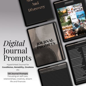 Dark Mode Digital Journal mit Prompts, GoodNotes tägliches iPad Journal, 120 Schreibauffordern, Self Care Journal