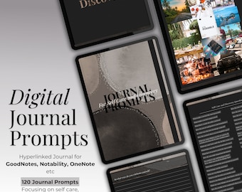 May include: Digital journal prompts for self-care and discovery. The image shows a tablet with a black background and a gray and white abstract design. The text "Journal Prompts" is in a gold font. The tablet is on a white background.