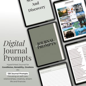 May include: Digital journal prompts for self-care and discovery. The image shows a green tablet with the text "JOURNAL PROMPTS For Self Care and Discovery" on the screen. The tablet is surrounded by other images, including a vision board with images of a house, a car, and a beach.