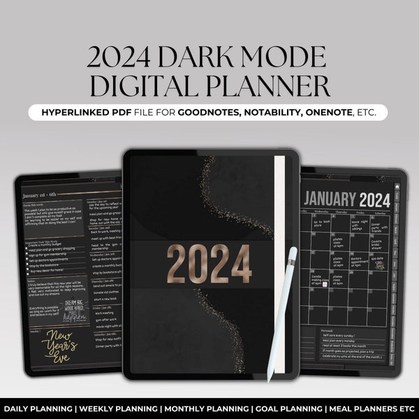 2024 Dark Mode Digital Planner, Dated Planner for GoodNotes and Notability, Aesthetic Planner, iPad Template, 2024 Calendar, Life Planner
