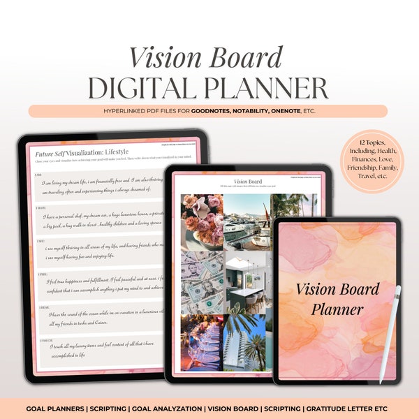 Vision Board Journal, Manifestation Planner, Goal Setting, Gratitude Journal, Digital Planner for GoodNotes, Yearly Goals, Dream Life