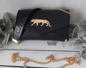 SABYASACHI Envelope Sling CLUTCH, Tiger Logo Bag, High Quality Designer, Black Clutch, Indian Wedding, Shoulder bag Special Occasion Bag