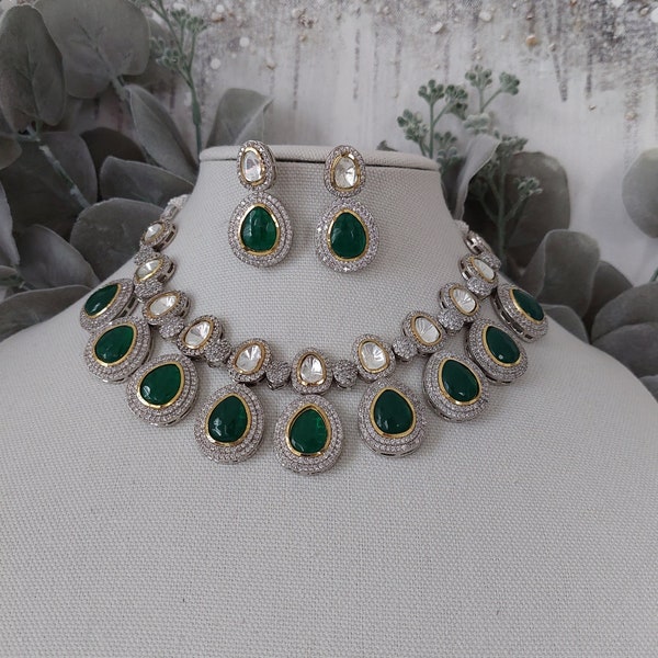 UNCUT POLKI VICTORIAN Green Necklace American diamond Trending Indo-western Bollywood Indian Bridal Set Modern Sabyasachi Inspired Jewellery