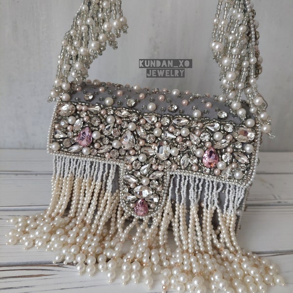 GREY STONE HANDBAG / Pearl tassels / High Quality / Indian Wedding / Gift for her / Bridal Purse / Special Occasion / Jeweled Clutch / Glam