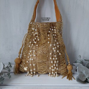 GOLD STONE HANDBAG Pearl tassels High Quality Indian Wedding Potli Gift for her Bridal Purse Special Occasion Jeweled Clutch Glam Desi Jewel