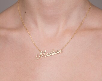 Name Plate Necklace, 14K Solid Gold Name Necklace, 40th Birthday Gifts for Women, Handmade Jewelry, Thanksgiving Gifts for Her