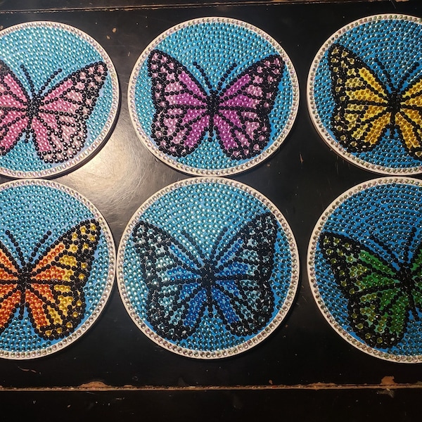 5D Diamond Painting butterfly coasters. Set of 6 pieces and holder.