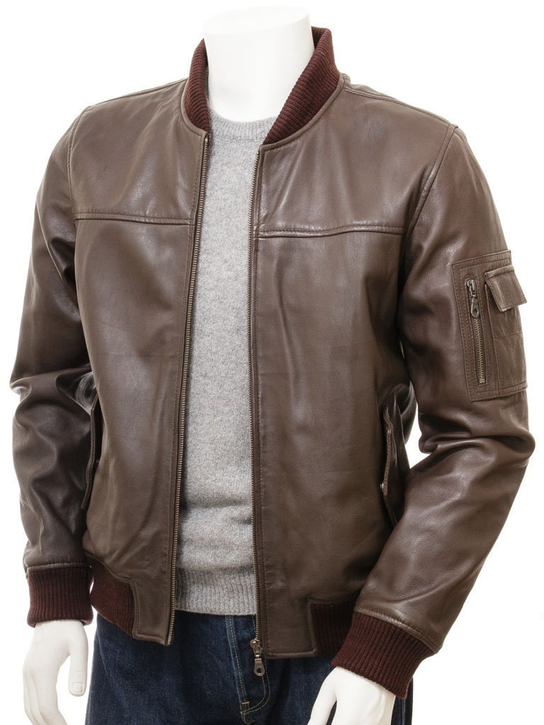 100% Genuine Sheep Leather Brown Bomber Jacket - Etsy