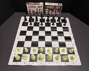 DAY GLOW & BLACK Chess Pieces w/  Black Vinyl Roll-up Chess  Board + Vinyl Tournament Carry Case (not pictured) for pieces / roll-up board