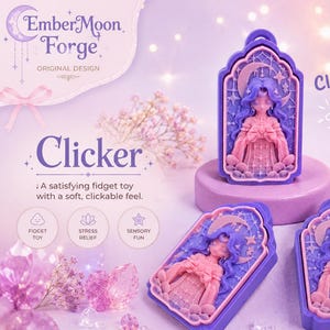 May include: Three rectangular fidget clicker toys featuring a purple frame and a pink relief design of a figure with long hair under a crescent moon and stars. The text EmberMoon Forge Original Design Clicker is visible on the packaging.