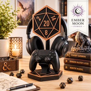 D20 Headset Stand, Controller Holder, Cable Organizer, DnD Gaming Desk Accessory