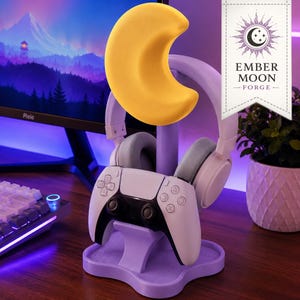 Suporte personalizado para fones de ouvido e controles em formato de lua | Organizador de mesa gamer, gerenciamento de cabos