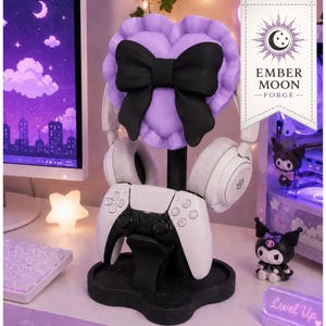 Headphone Stand with Ruffled Heart Bow | Pastel Goth Controller Holder & Cable Management