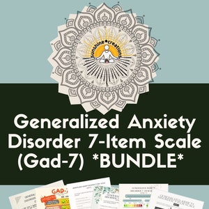 May include: A bundle of printable Generalised Anxiety Disorder 7-Item Scale (GAD-7) worksheets. The worksheets are in black and white with a green floral design. The title of the bundle is "Generalised Anxiety Disorder 7-Item Scale (Gad-7) *BUNDLE*"
