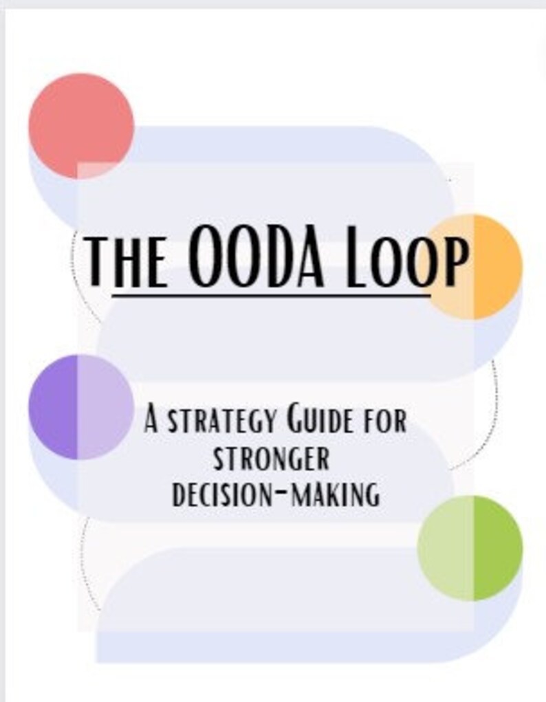 Peut inclure: Un design graphique bleu, violet, vert et orange avec le texte "THE OODA LOOP" et "A STRATEGY GUIDE FOR STRONGER DECISION-MAKING".