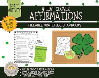 4 Leaf Clover Affirmations Activity | Worksheet and bulletin board idea | Social emotional learning for confidence, mindfulness, gratitude