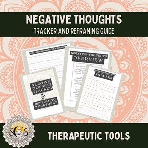 Puede incluir: Una guía imprimible para ayudar a gestionar los pensamientos negativos. La guía incluye un rastreador y una hoja de trabajo para replantear los pensamientos negativos. La guía está diseñada para ser utilizada como una herramienta terapéutica.