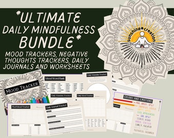 Daily gratitude journal, mood tracker, habit tracker, negative thought tracker, emotional check in | Printable worksheets for teens + adults