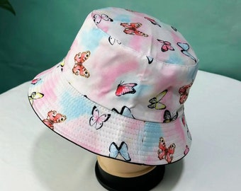 Woman Bucket Hat with Colorful Butterfly Pattern, Bucket Caps for Women, Purple Hat, Pink Hat, Blue Hat, Red Hat, Black Hat, White Hat