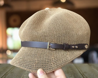 Sombrero de sol octogonal para mujer hecho a mano, gorra para el sol, gorra fina de vendedor de periódicos de paja de verano, sombrero de boina de punto de pintor, sombrero octogonal de viaje de excursión transpirable