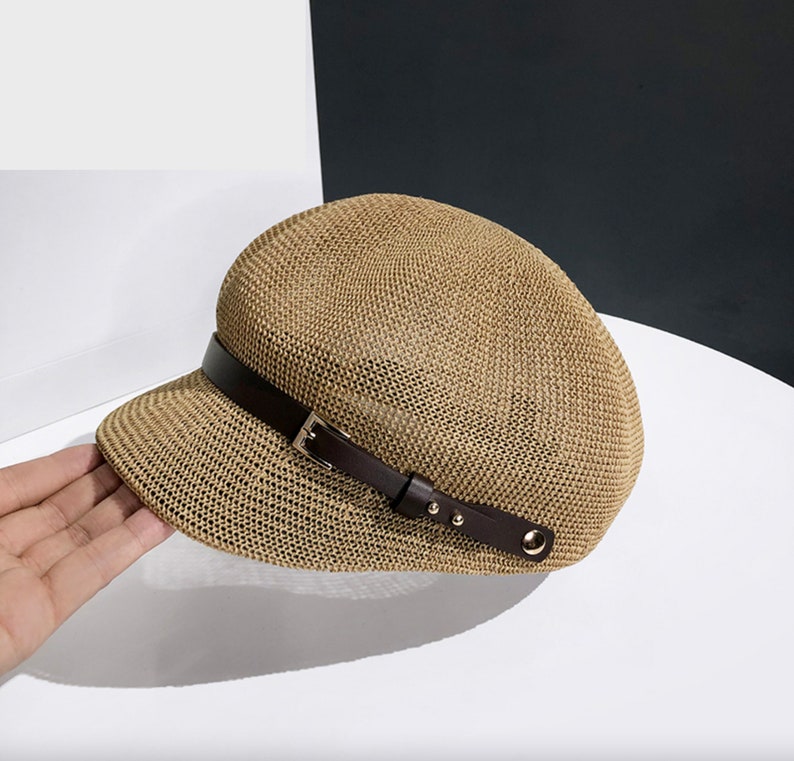 Handmade Women Octagonal Sun Hat, Sun Cap, Summer Straw Thin Newsboy Cap, Painter Knitted Beret Hat, Breathable Outing Travel Octagonal Hat Khaki