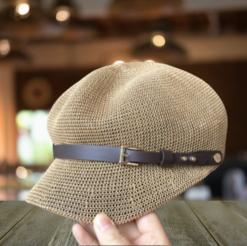 Chapeau de soleil octogonal pour femme fait main, bonnet de soleil, casquette gavroche fine en paille d'été, béret tricoté pour peintre, chapeau octogonal de voyage respirant image 1